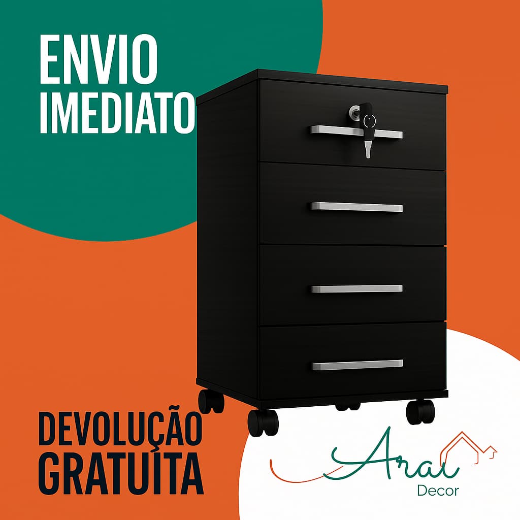 Gaveteiro Preto 4 Gavetas Rodizios Chave Organização Inteligente