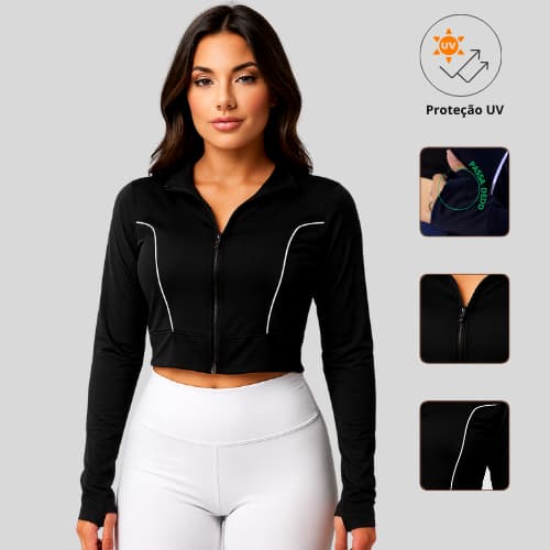 Blusa Cropped Manga Longa Academia Ziper Feminina  Proteção Uv