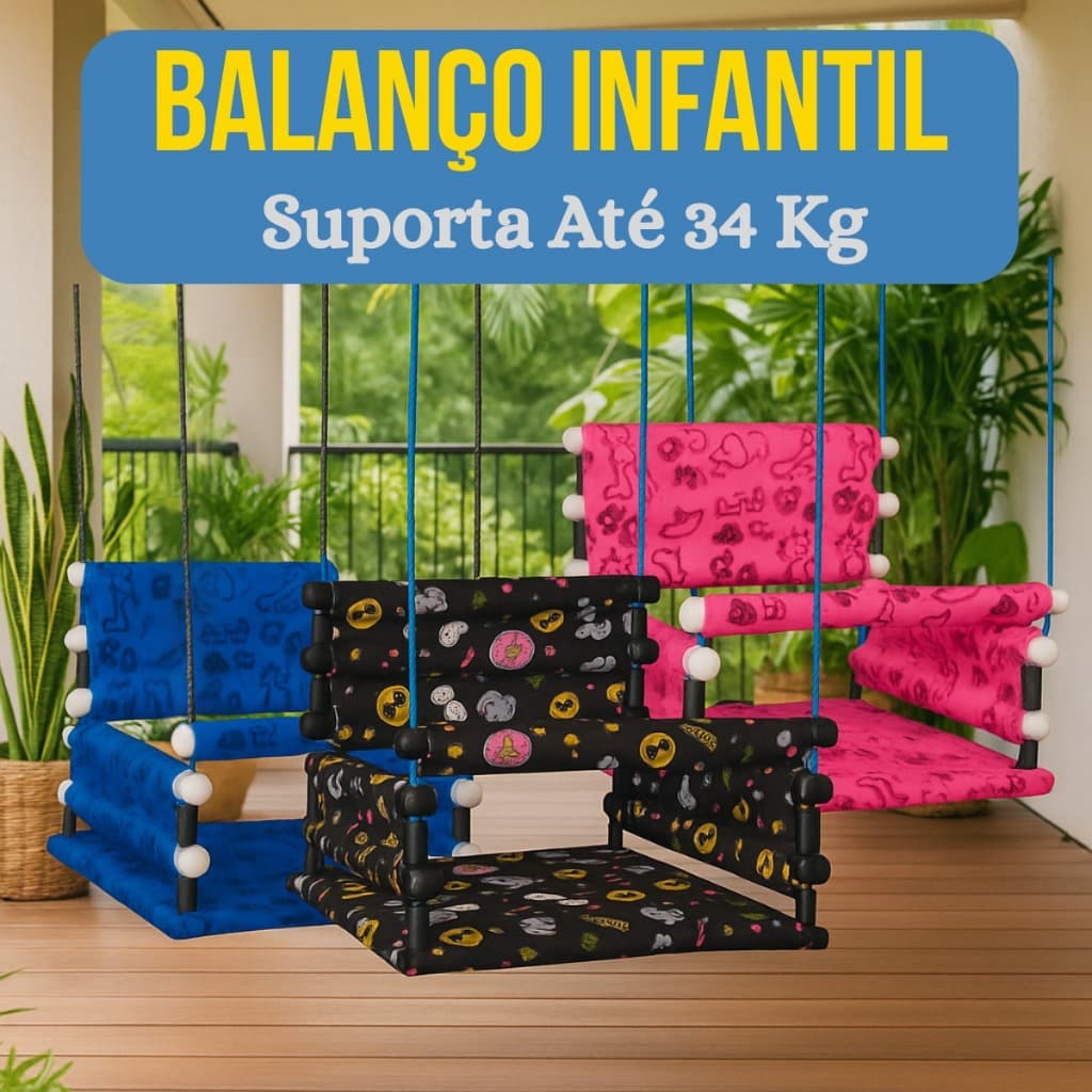 Balanço Infantil em Madeira Reforçado Colorido e Confortável para Crianças até 34kg