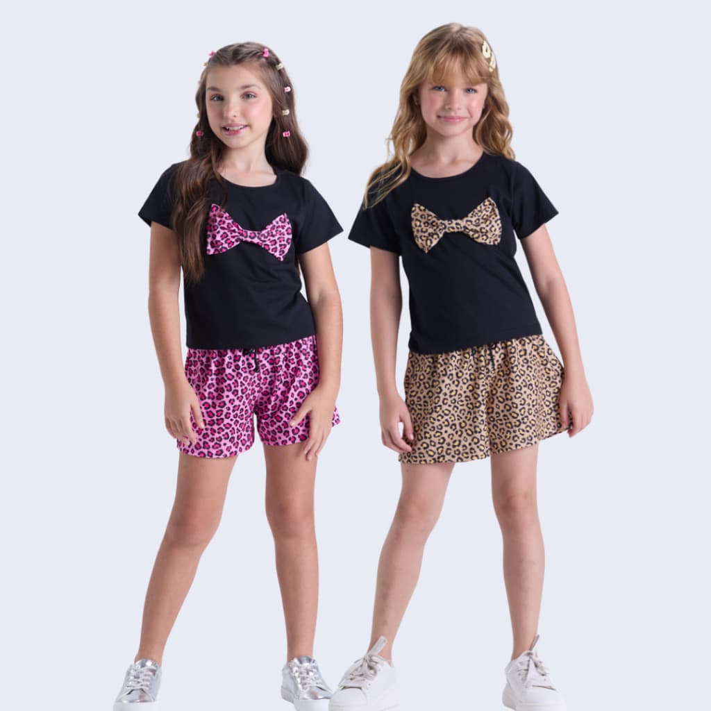 Conjunto Infantil de Verão Menina Laço Oncinha