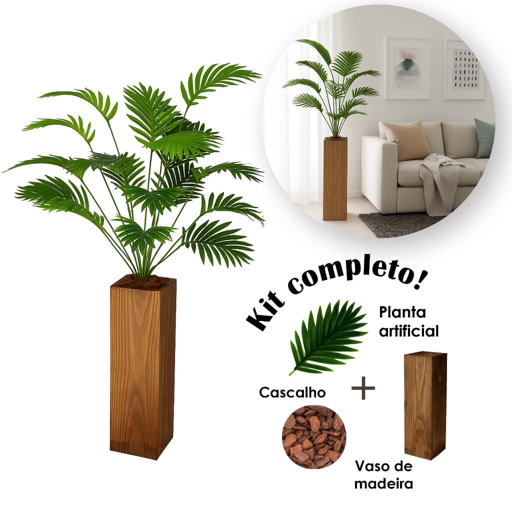 Planta de Chão para Sala com Vaso de Madeira e Acabamento Inclusos 1,15 m Altura Total - Kit Completo