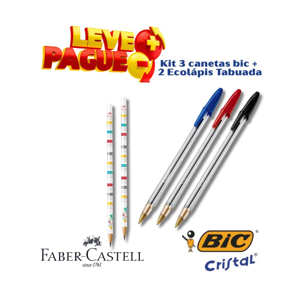 Kit 3 Caneta Bic Cristal Original e 2 Lápis Faber Castell Tabuada