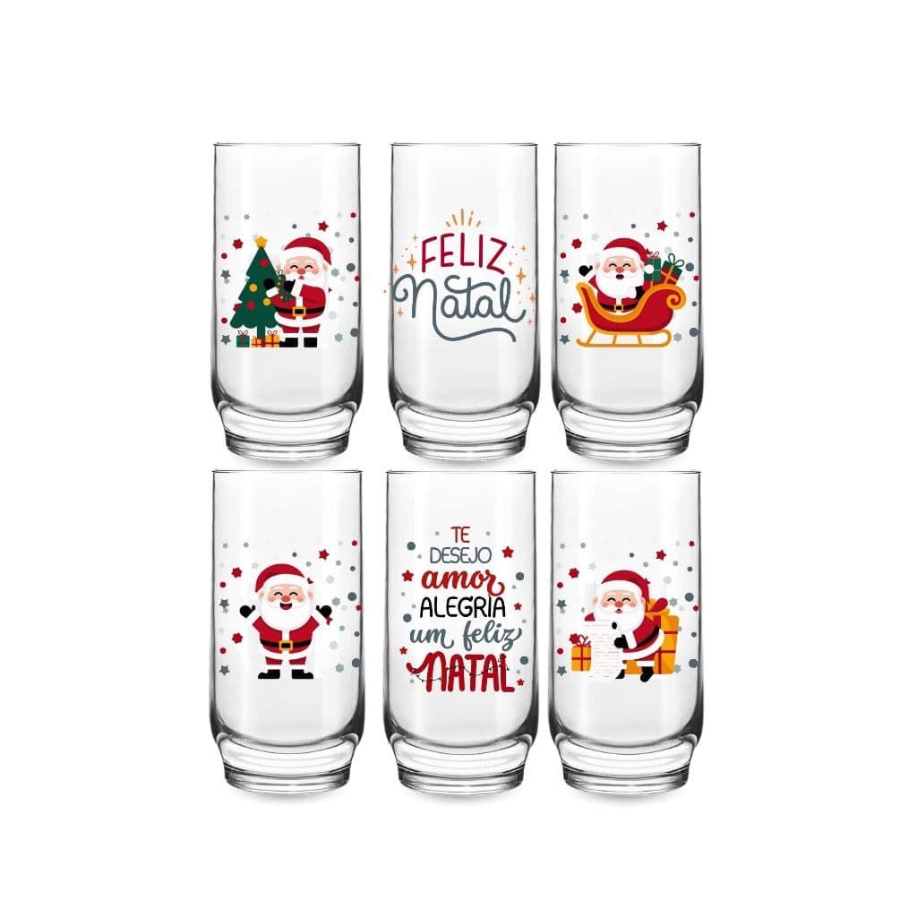 Jogo 6 Copos  Altos 300ml Vidro Especial Frase Feliz Natal Mesa Posta Decorativa Agua Suco