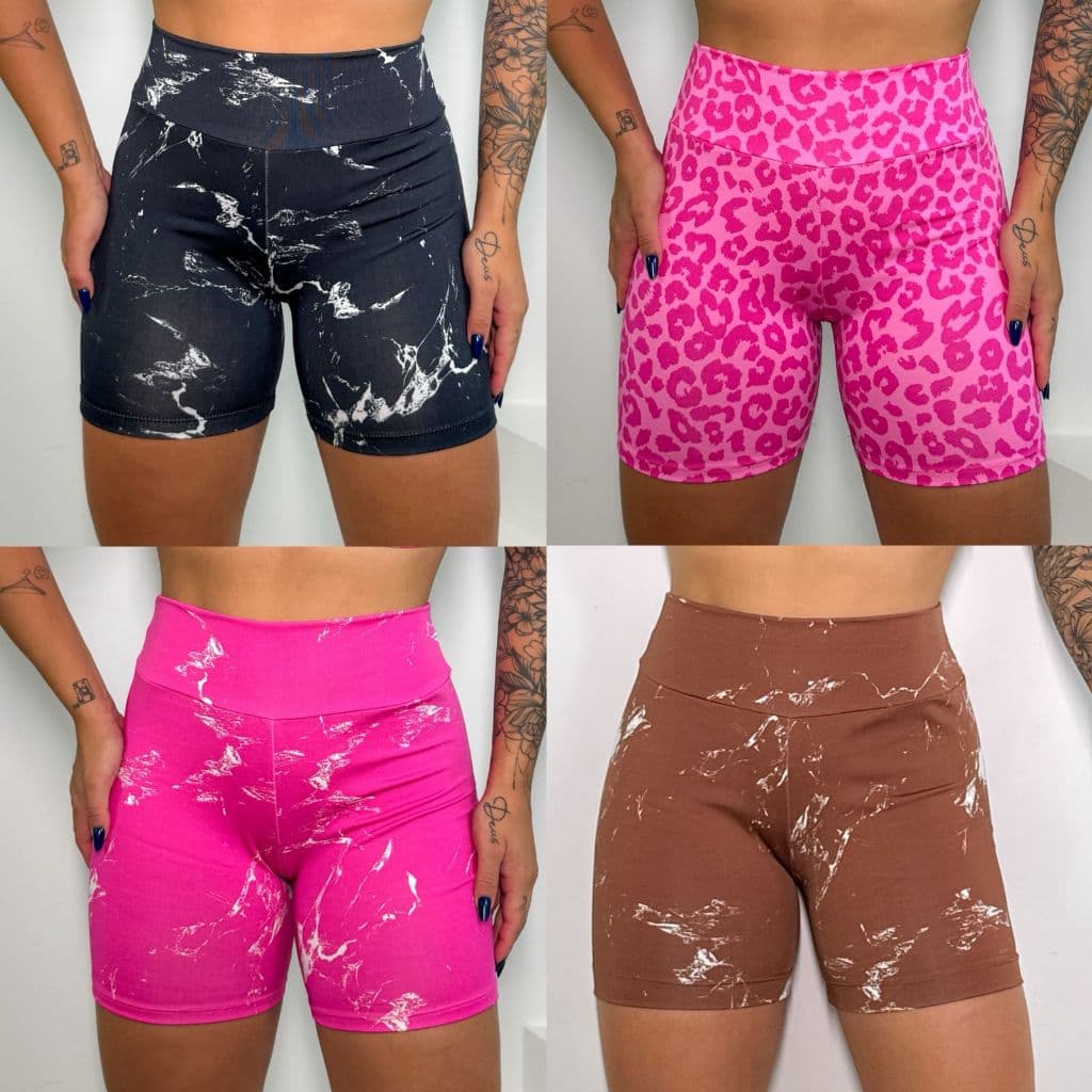 Kit Short de Academia Cintura Alta Fitness Esportivo Feminino Shortinho para Treino e Caminhada Estampas Variadas
