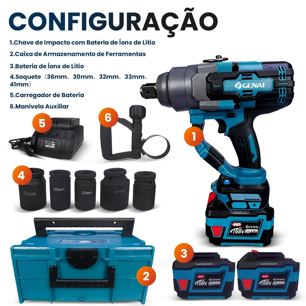 Chave de impacto sem escova de 21V/168V, torque de 2000 Nm/3000 Nm, motor sem escova de 1500 watts