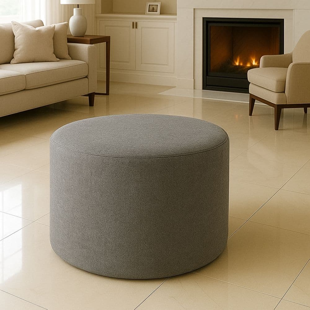 Puff Banco Orgânico Liz Luxo Redondo Para Sala Quarto Closet Loja Luxo Tecido Assento Linho Cinza