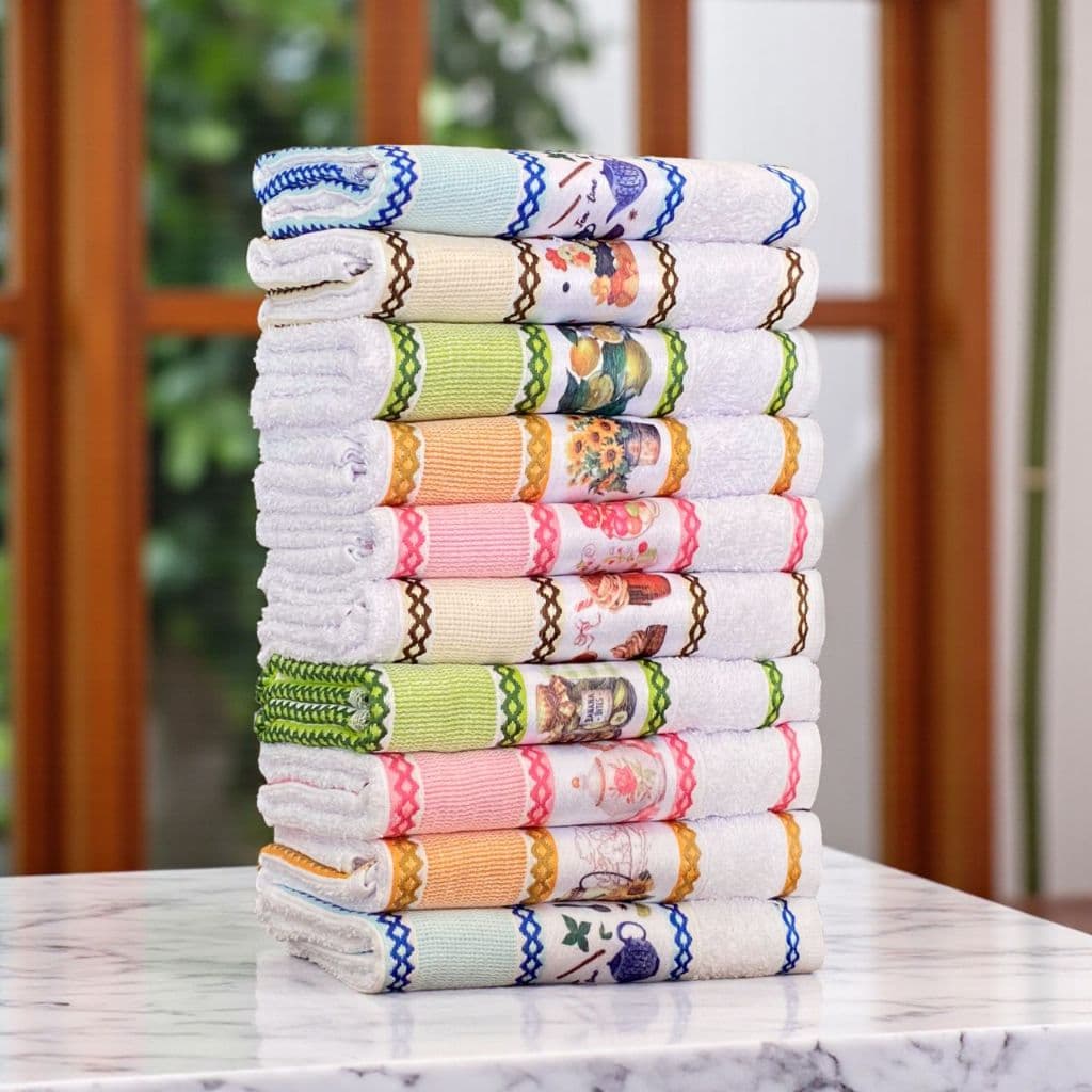 Kit 5 Panos de Prato Copa Atoalhado 45x70cm Estampa Sortida 100% Algodão Premium