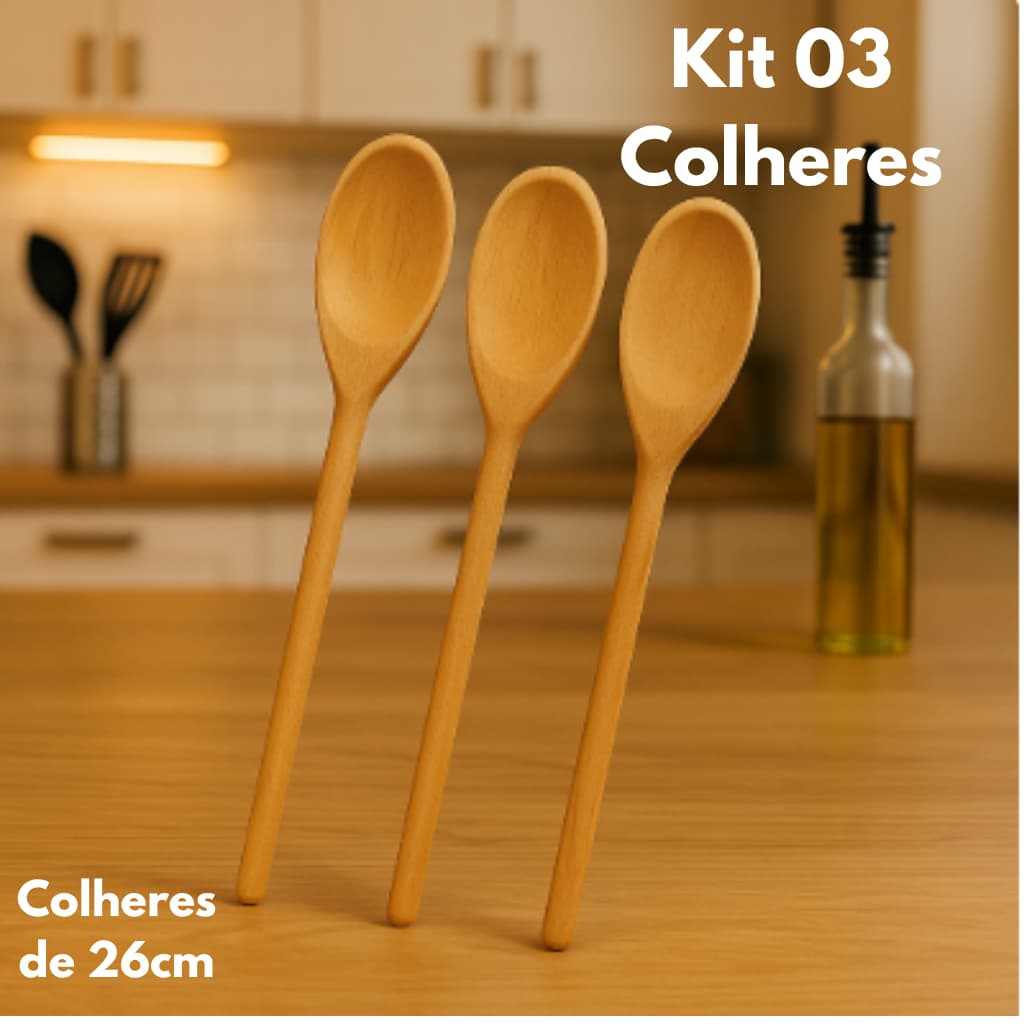 Kit 3 Itens Colher de Madeira / Pau Para Cozinha Com Cabo Liso - Colheres na medida de 26cm