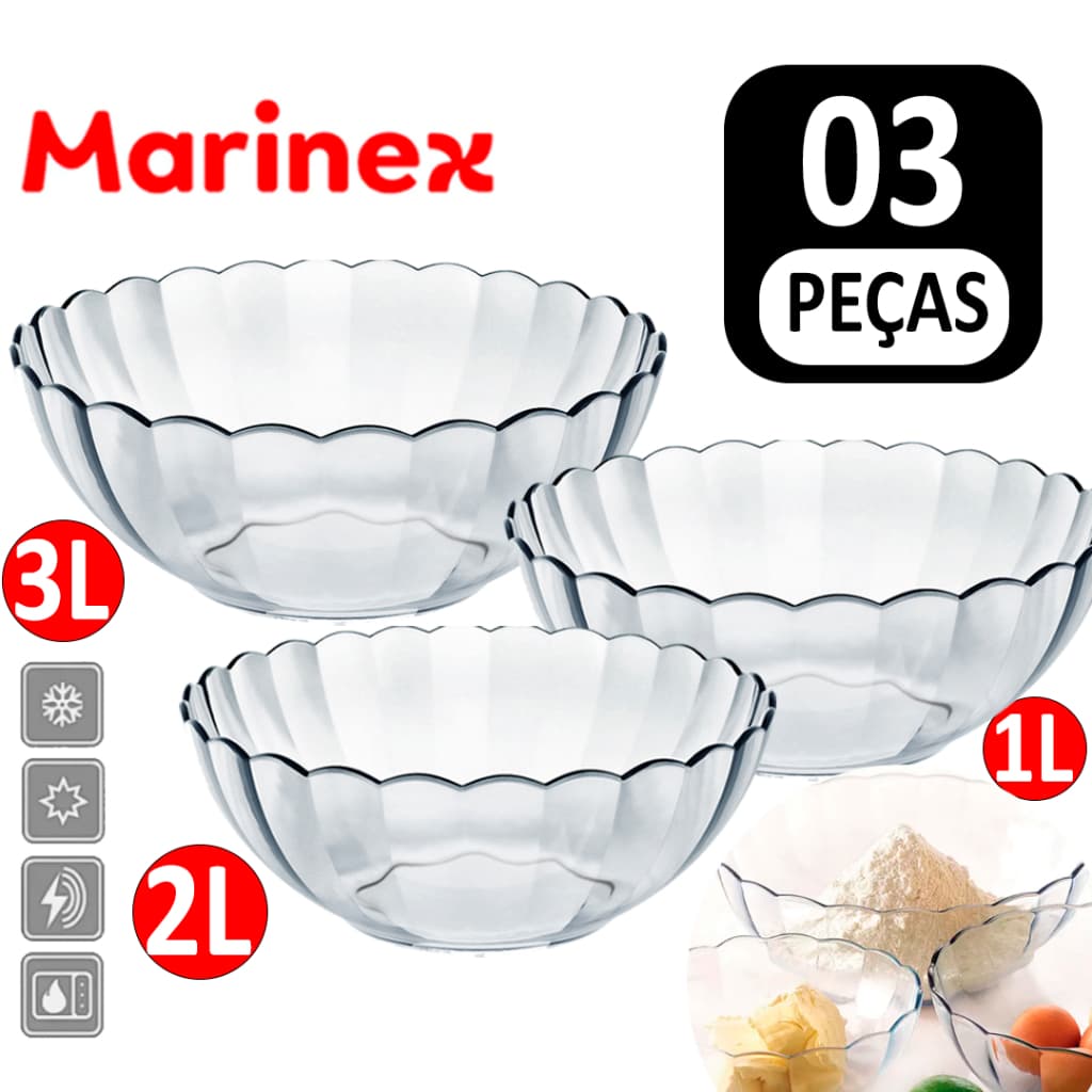 Conjunto Jogo de Tigelas Travessa Marinex Astral Vidro Temperado Saladeira Kit Tigela Transparente