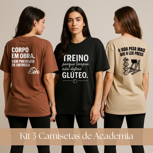 Kit 3 Camisetas Femininas Academia 100% Algodão Estampadas
