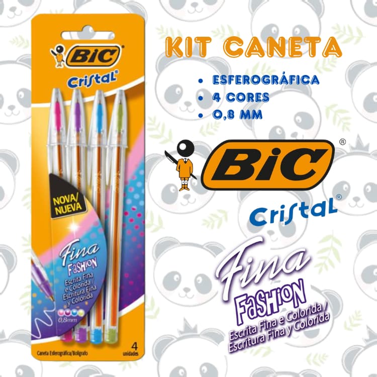 Caneta Esferográfica Kit com 4 BIC Cristal Fashion – Azul, Rosa, Roxo e Verde | Ponta Fina 0.8mm
