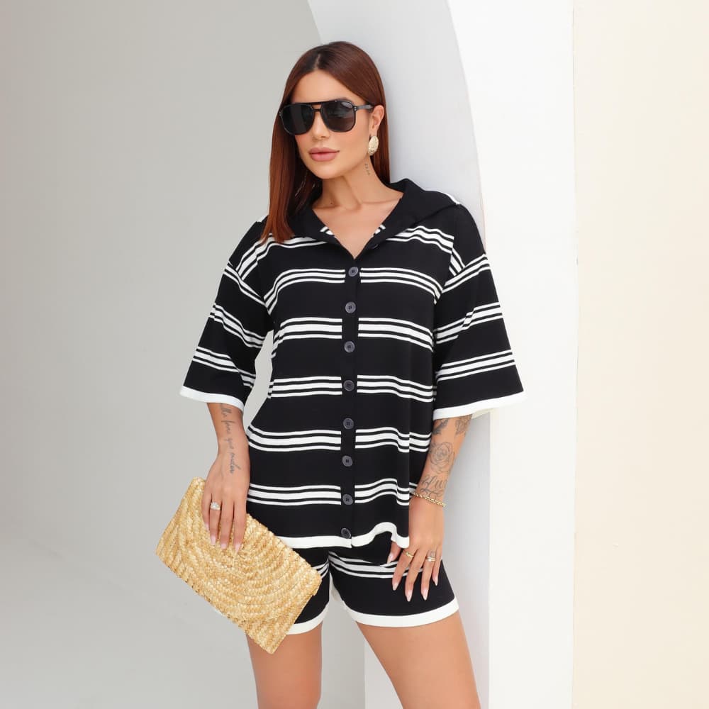 Conjunto Feminino Tricot Premium Listrado | Blusa Over + Shorts