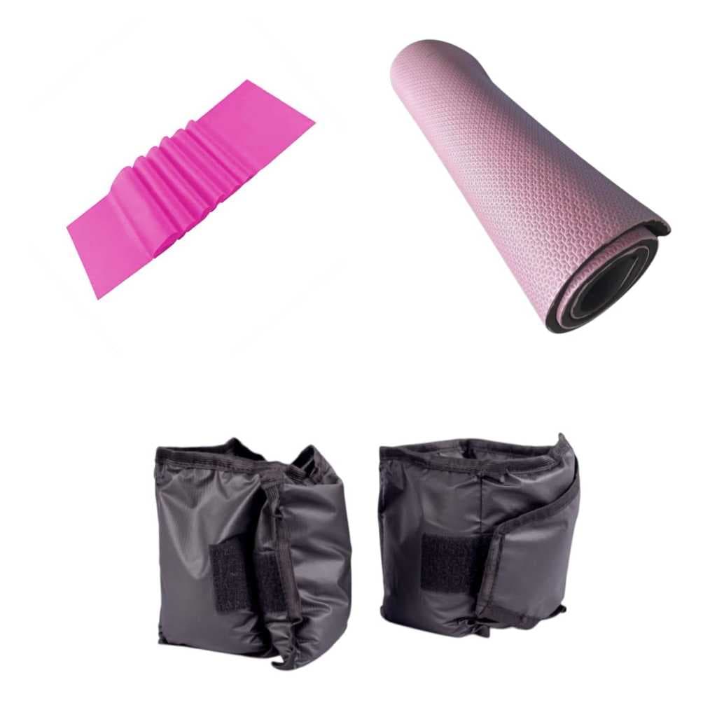 Kit Fitness: Caneleiras 0,5kg Pretas + Tapete Yoga + Elástico Grande