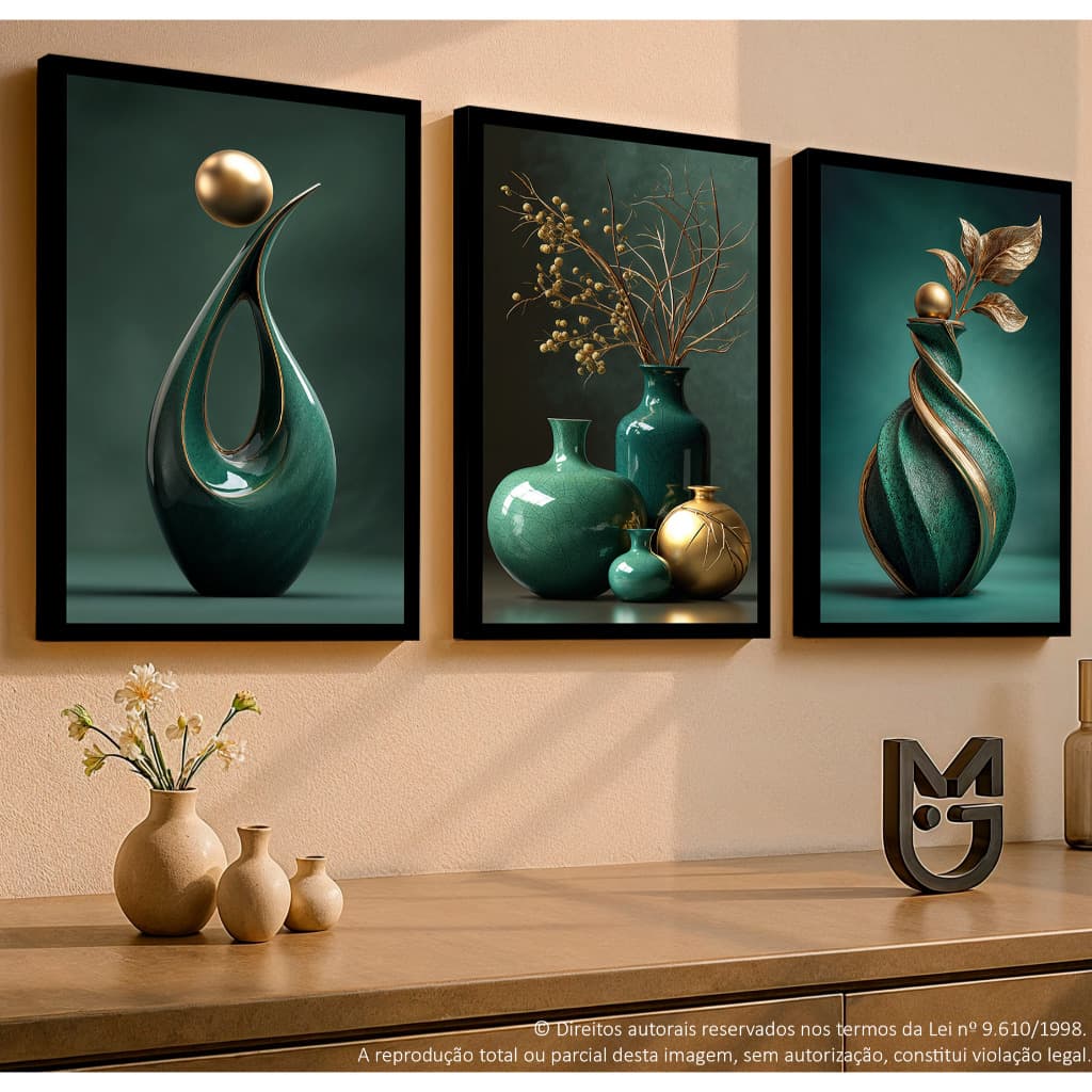 Quadro Decorativo Sala 3 Peças Abstrato Geométrico Verde Esmeralda Dourado Estilo Nordic Escritório