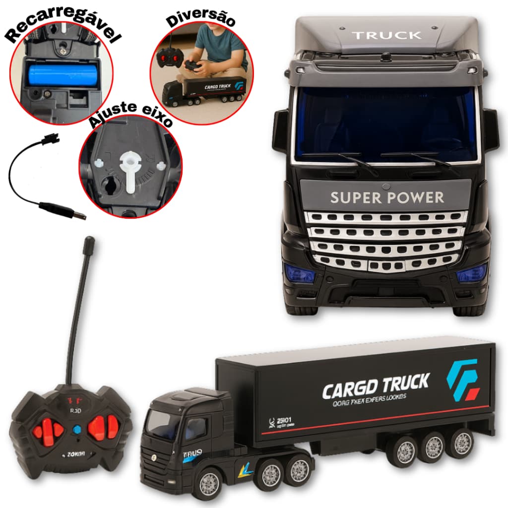Caminhão Carreta 4 Canais com Controle remoto Super Carga Truck Recarregável Brinquedo menino
