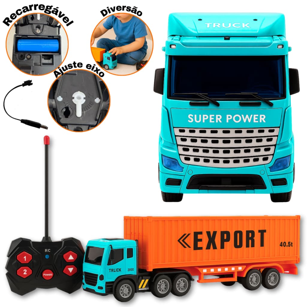 Caminhão Carreta 4 Canais com Controle remoto Super Carga Truck Recarregável Brinquedo Azul/Amarelo