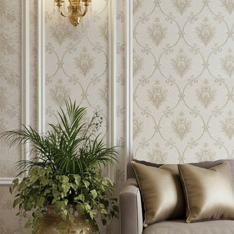 Papel de Parede Damask Alto Luxo - Rolo Importado de Alto padrão - 9,5m x 53cm - Cola Inclusa - Tom Nude e Dourado