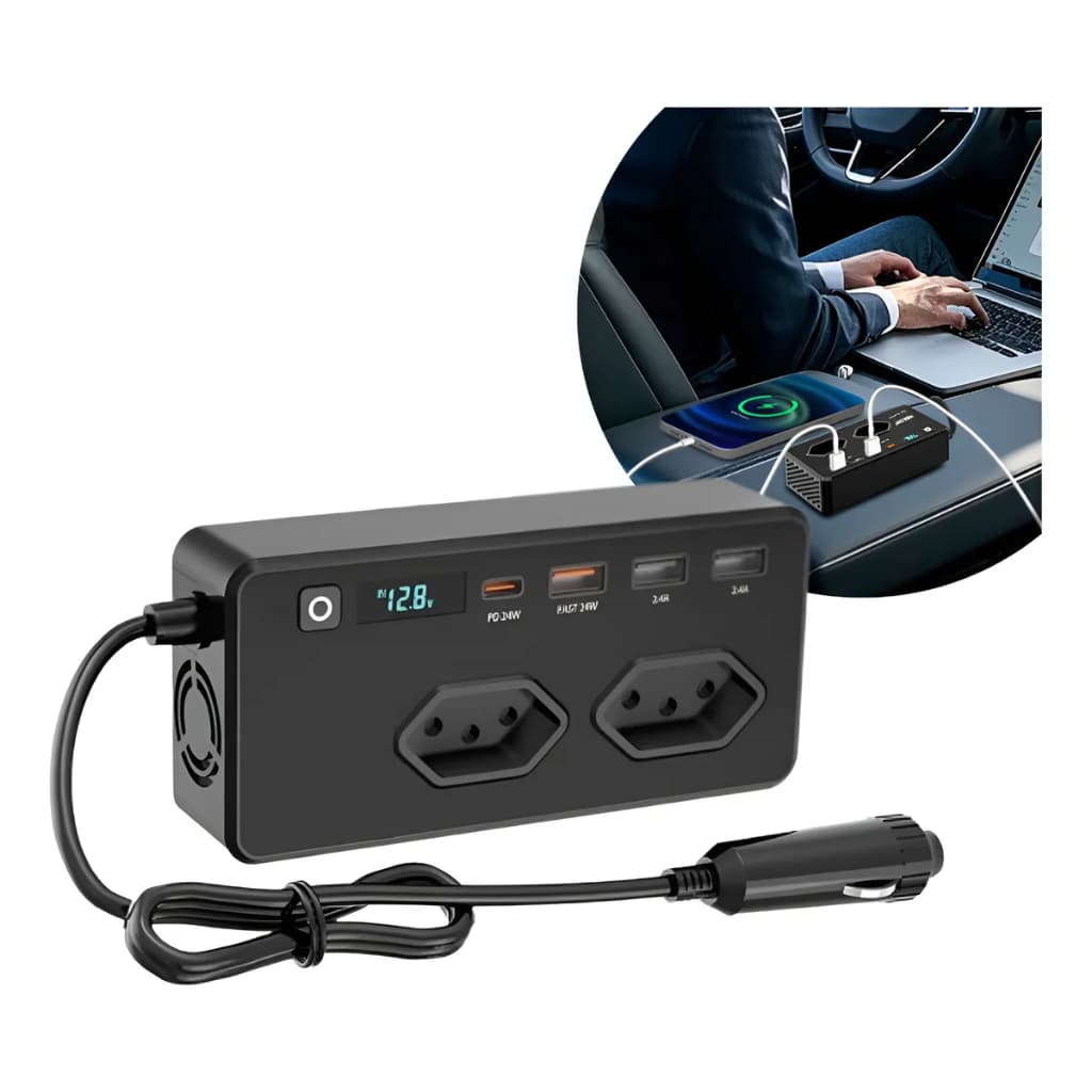 Inversor Automotivo 12V para 127V com 2 Tomadas, 3 USB e 1 Tipo-C – Conversor Elétrico Portátil 350W para Carro