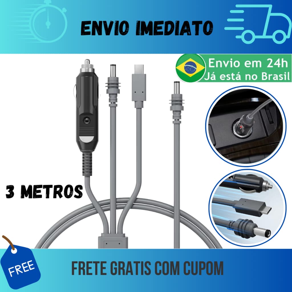 Cabo 3 em 1 Para Starlink Mini Usb-c 12v/24v DC 3 Metros Veicular Power Bank 100W À Prova Dágua