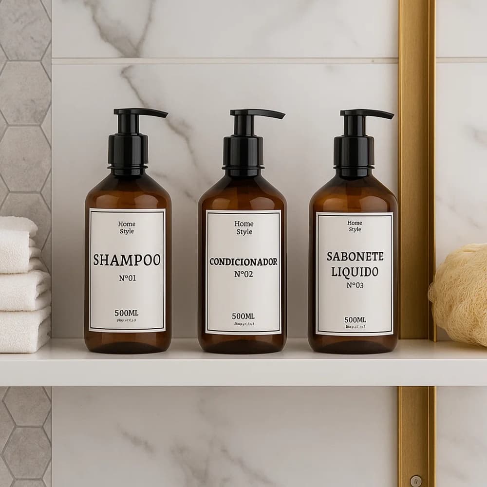 Kit Banho Frasco Âmbar Pet 3pçs Shampoo Condicionador e Sabonete líquido Dispenser 500ml