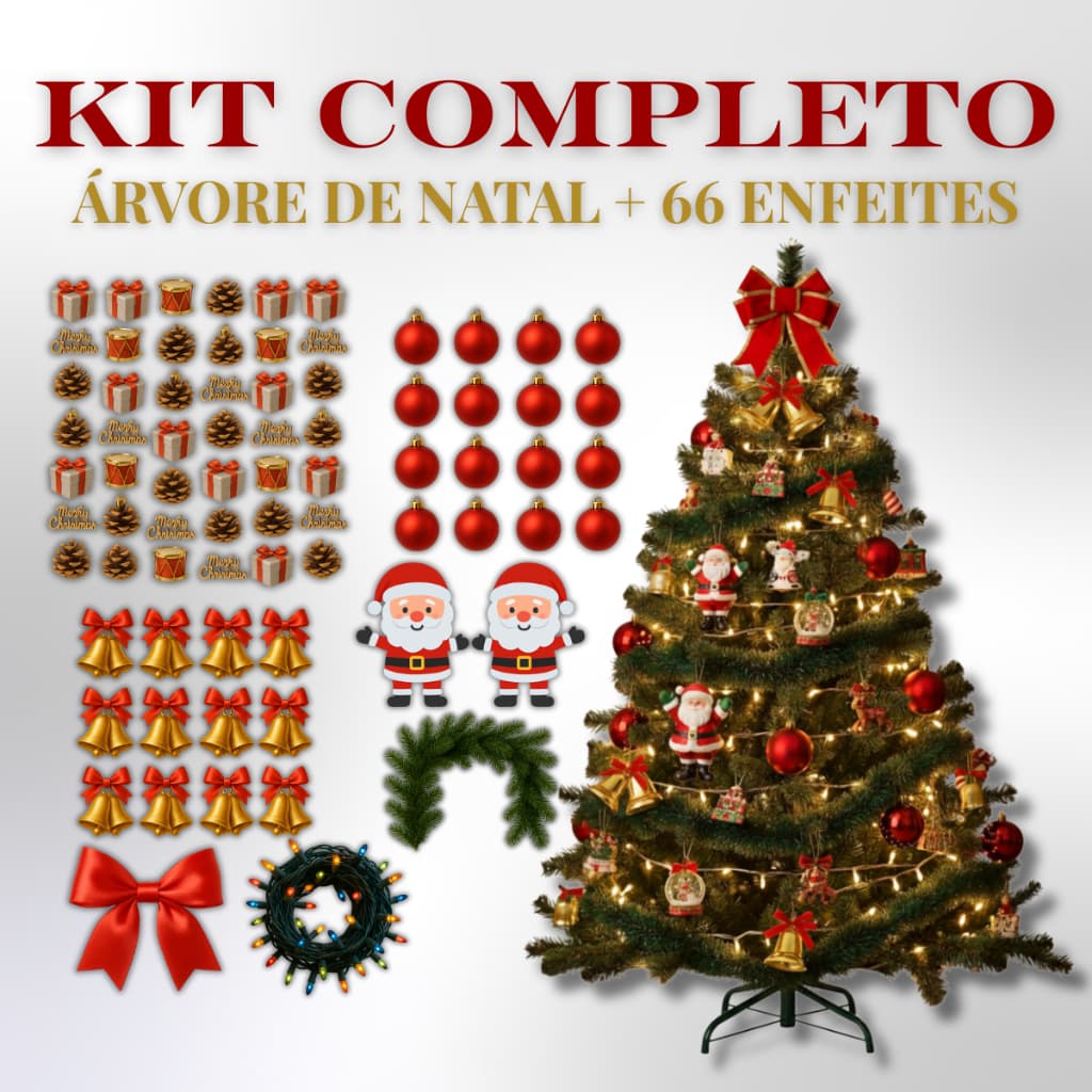 Kit Árvore Natal Decorada 1,50M Com 200 Galhos + 66 Enfeites Premium Completo e Pisca Pisca