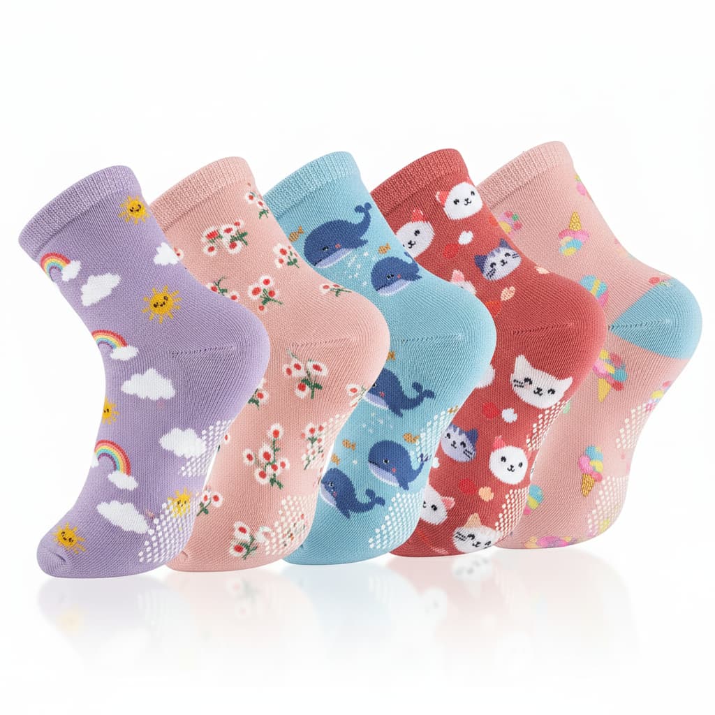 Kit Meia Infantil Antiderrapante Cano Médio Menina 0 a 8 anos Estampas Sortidas