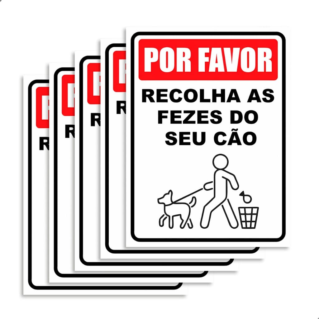 Kit 5 Placas Aviso Recolha Fezes do Cão 15x20cm Poliestireno com Fita Dupla Face para Condomínios e Calçadas
