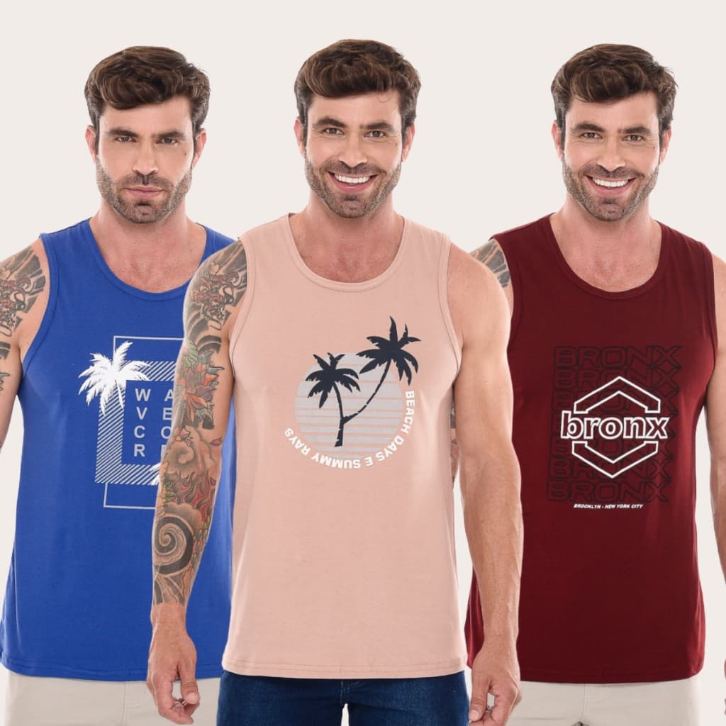 Kit 3 Camisetas Regatas Estampadas Surf Moda Praia Verão