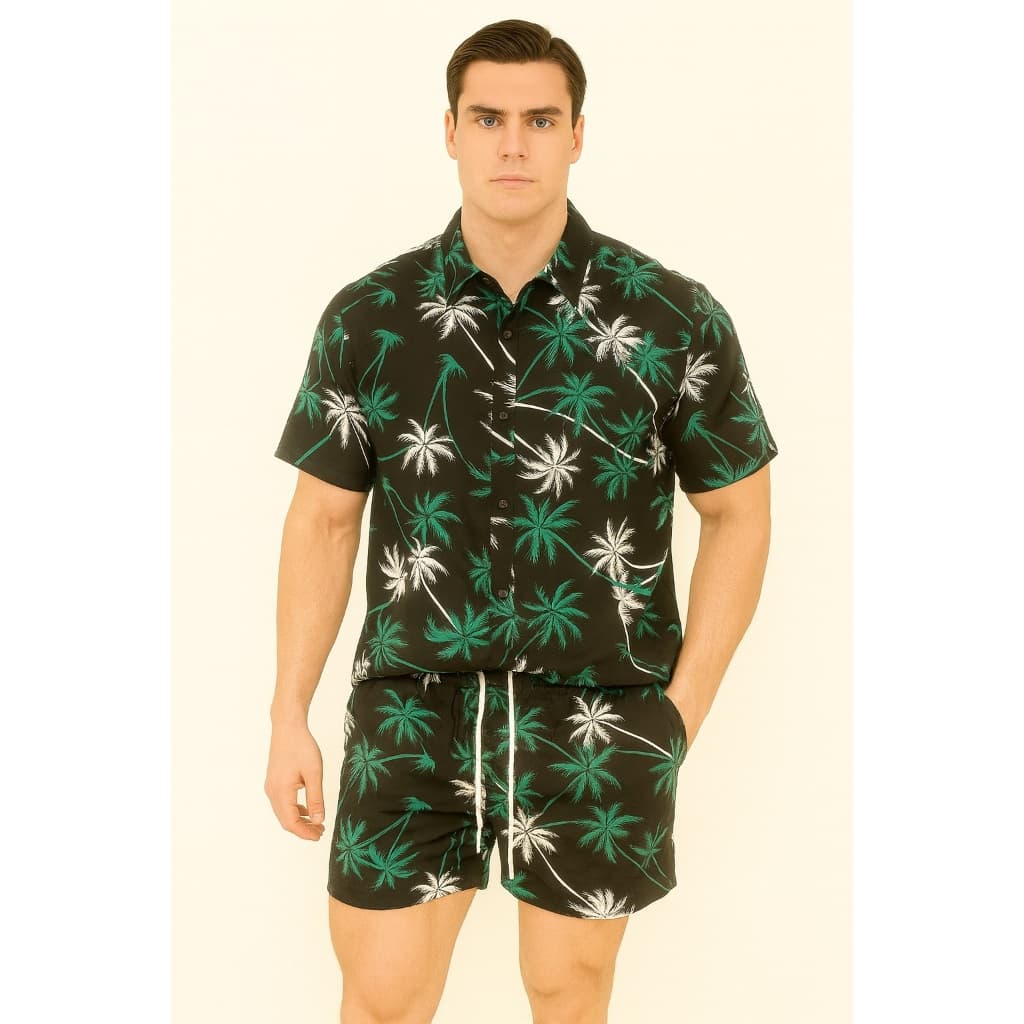 Conjunto Camisa e Short Florido Adulto Masculino Tecido de Viscose