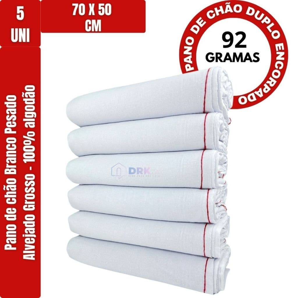 Kit 5 Pano De Chão Extra Grande Branco Saco Grosso 70x50cm