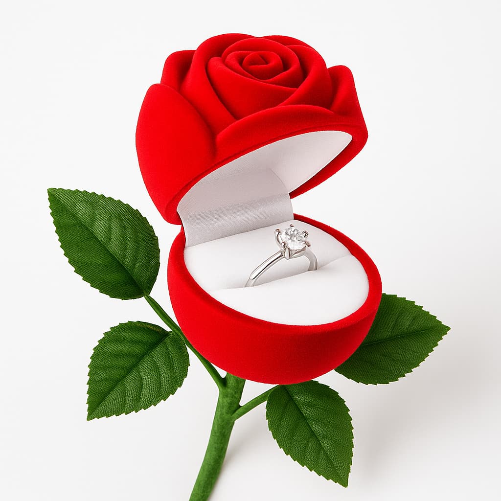 Estojo Caixinha Flor Rosa Com Cabo Namoro Noivado Casamento Veludo Brinco Anel Aliança Joia Presente