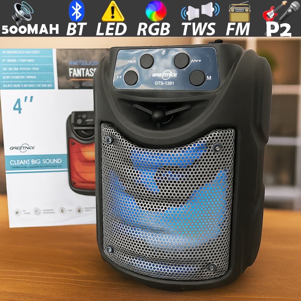 Caixa de Som Bluetooth Portátil Potente 10W com LED RGB / Rádio FM, conexão USB e SD / GTS - 1391