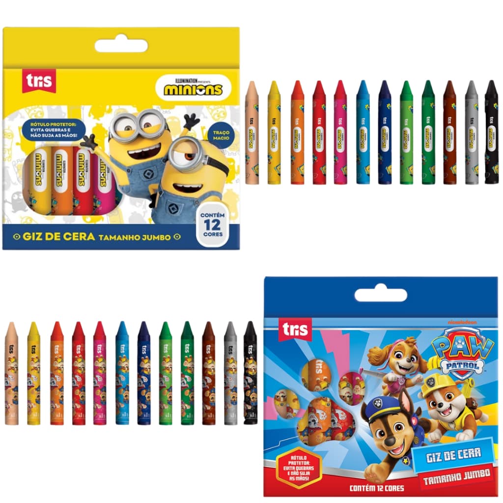 Giz de Cera Tamanho Jumbo – 12 Cores – Patrulha Canina/ Minions - Tris / WX Gift