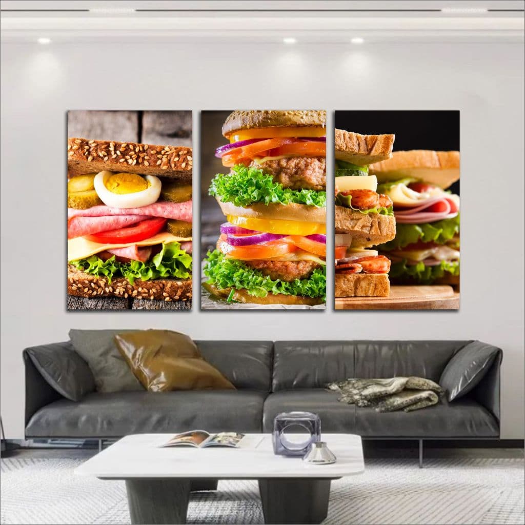 Quadro Decorativo 3 peças  Hamburguer Sanduiche Lanche Lanchonete Hamburgueria