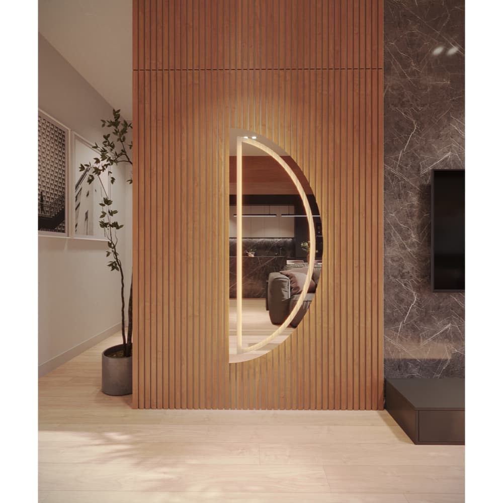 Espelho Meia Lua EL25 Corpo Inteiro 150cm x 60cm Polido LED Jateado Luz Branca e Luz Amarela Sala Quarto Banheiro