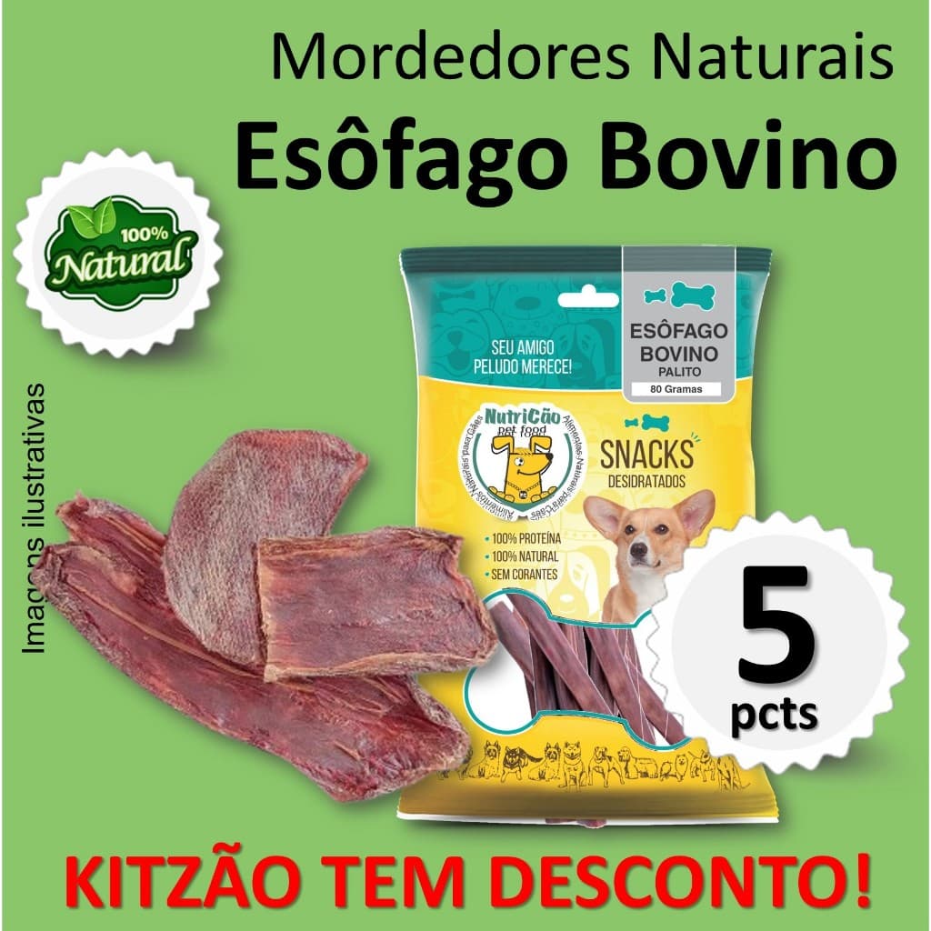 Kit Mordedor Petisco Natural Cães Esôfago Bovino Desidratado NutriCão Pet Food Osso Cachorro Interat