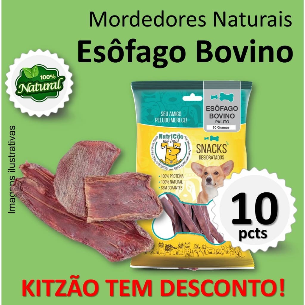 Kit Mordedor Petisco Natural Cães Esôfago Bovino Desidratado NutriCão Pet Food Osso Cachorro Interat