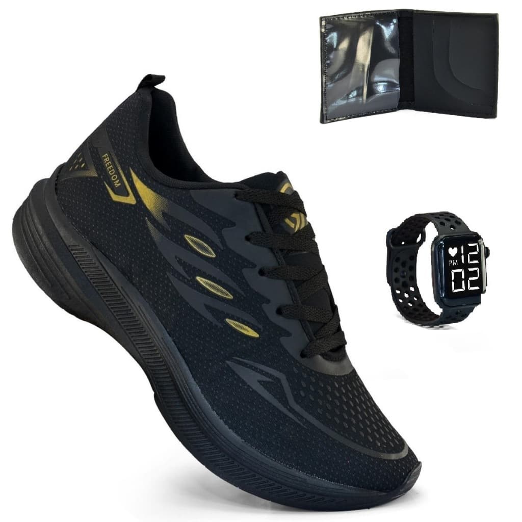Tenis Masculino + Relogio + Carteira Esportivo Versatil Academia Corrida Caminhada Super leve e Macio