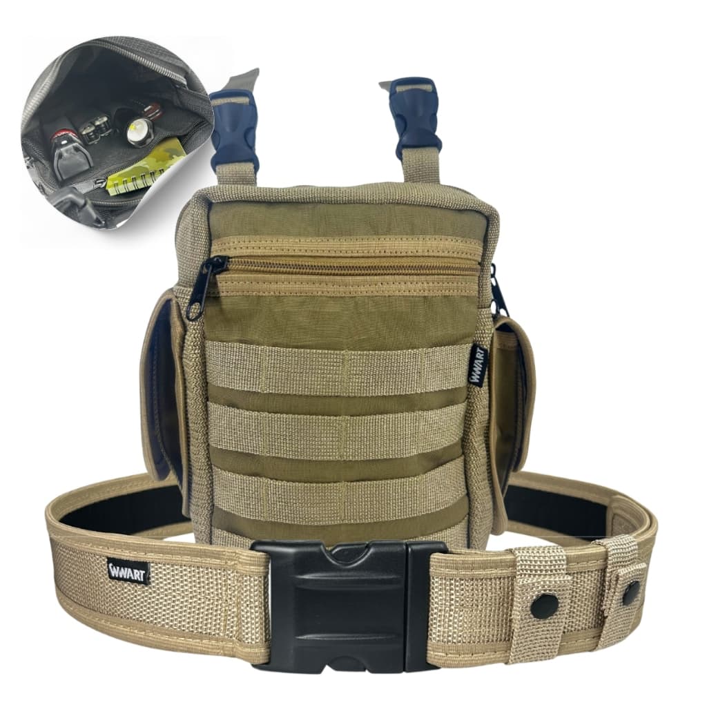 Kit Pochete de Perna Modular com Divisória + Cinto de Guarnição NA Tan