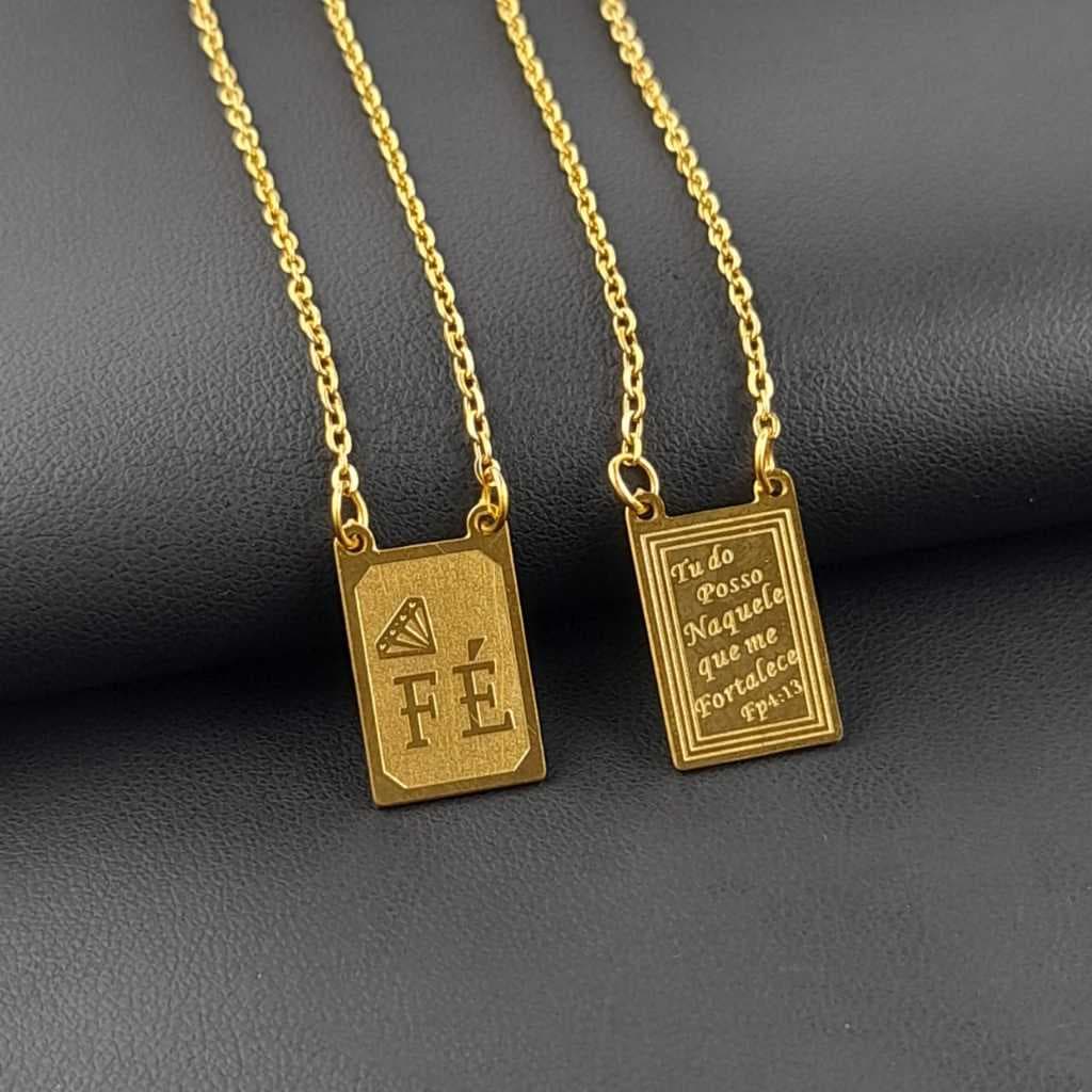 Escapulário Cordão Masculino Feminino Religioso FÉ e Tudo Posso Relevo Gravação
