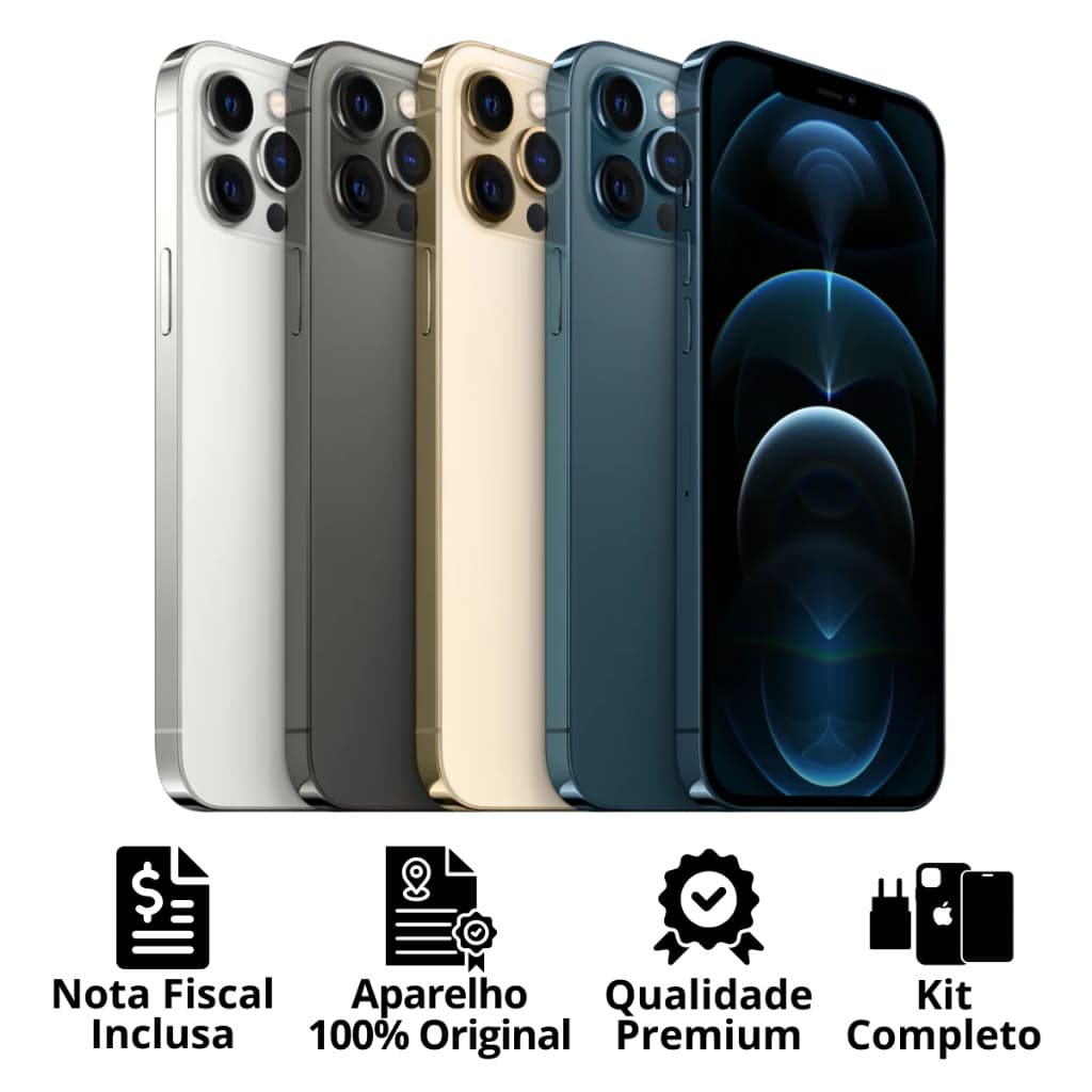 Celular iPhone 12 Pro Max (128GB) (256GB) 100% Original Apple Seminovo Vitrine Bateria 85% a 100% NF Carregador Película