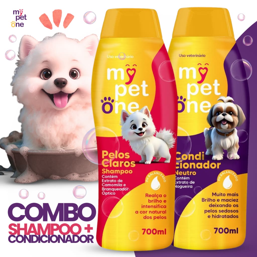 Kit Shampoo Premium 700 mL Pêlos Claros + Condicionador Cães e Gatos Mypetone