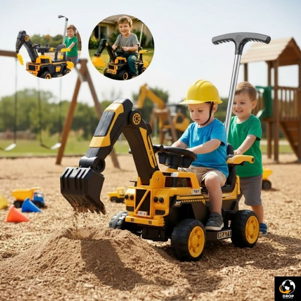 Escavadeira Trator Elétrico Amarelo Infantil 6v Com Pá Articulada Empurrador