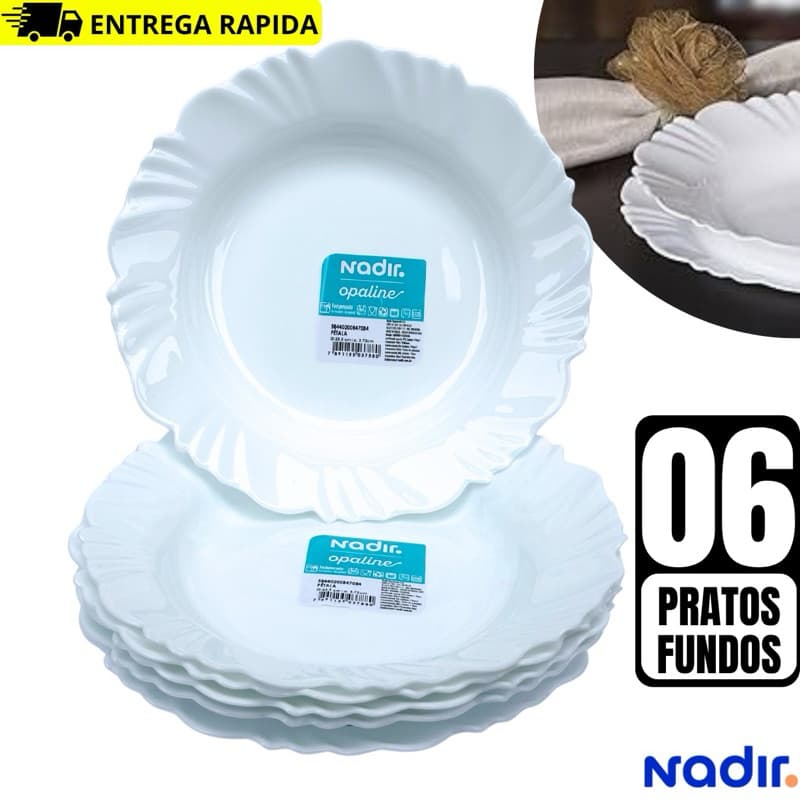 Kit 6 Pratos Fundo Pétala Opaline Vidro Temperado Branco 23,5 CM