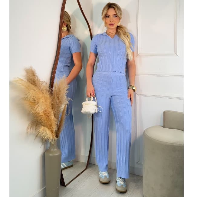 Conjunto Alfaiataria em Tricot Modal Aerolook com Calça e Blusa Gola Polo Elegante Roupa Feminina