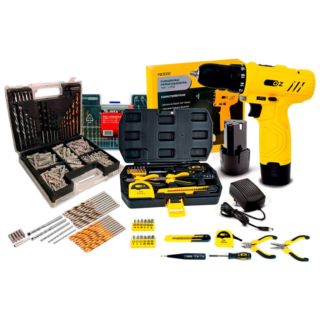 Kit Parafusadeira E Furadeira A Bateria 12v Maleta + Jogo de ferramentas 18 Pçs + Jogo De Brocas Bits E Buchas 300 Pçs