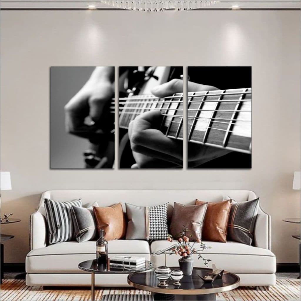 Kit Quadro Decorativo 3 peças Violão Preto Branco Sala Studio aulas de violão