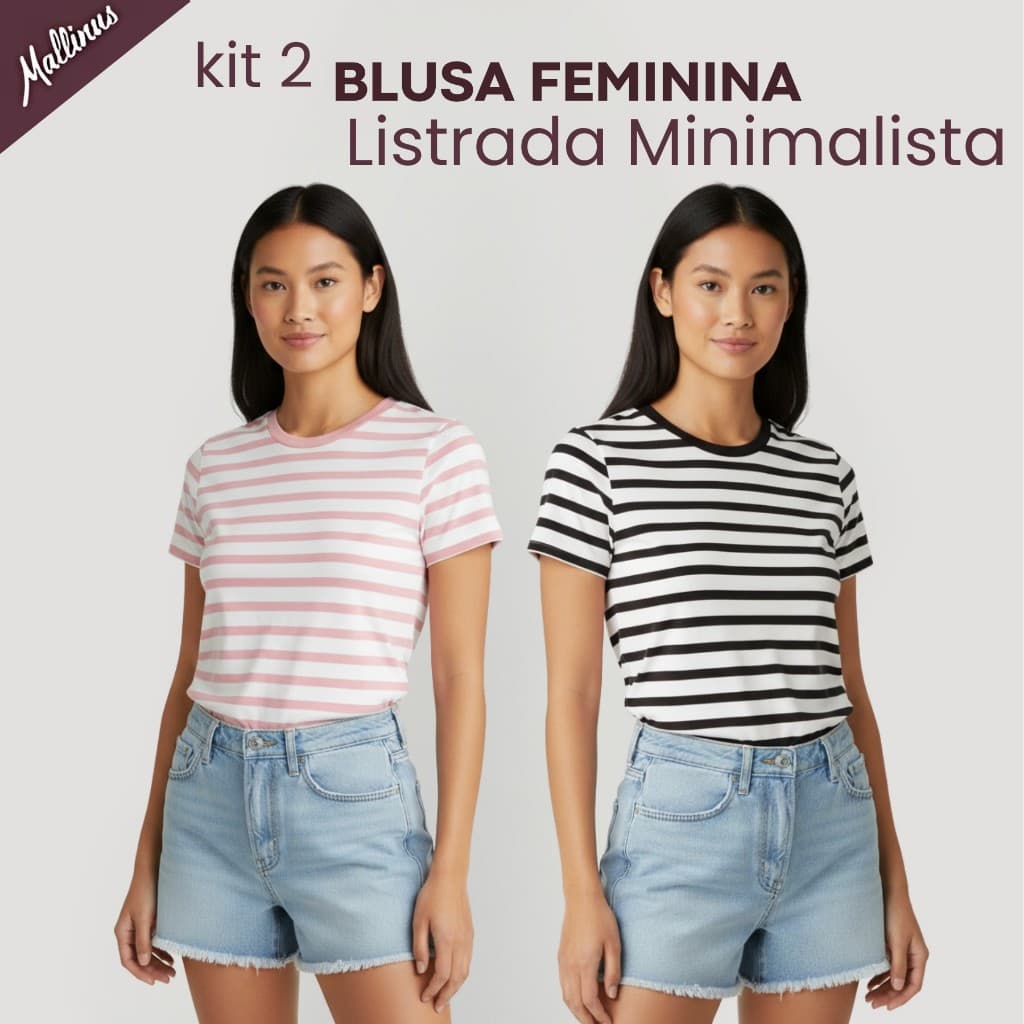 Blusa Listrada Feminina Manga Curta  Leve  Confortável e Moderna em Viscose com Elastano