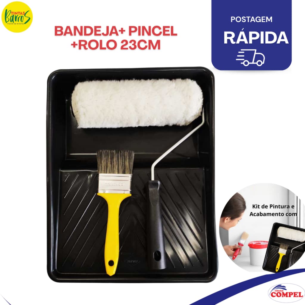 ROLO PARA PINTURA DE PAREDE TINTA LÁTEX E PVA LÃ SINTÉTICA KIT COM ROLO 23 CM+BANDEJA+TRINCHA COMPEL
