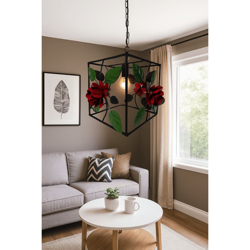 Luminaria Quadrada Com Bocal Com Rosas Pintura Preto Fosco